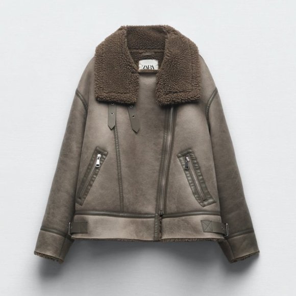 ZARA NEW WOMEN FAUX LEATHER SHEARLING DOUBLE-FACED BIKER JACKET GRAY 3548/243 XL - Picture 13 of 15